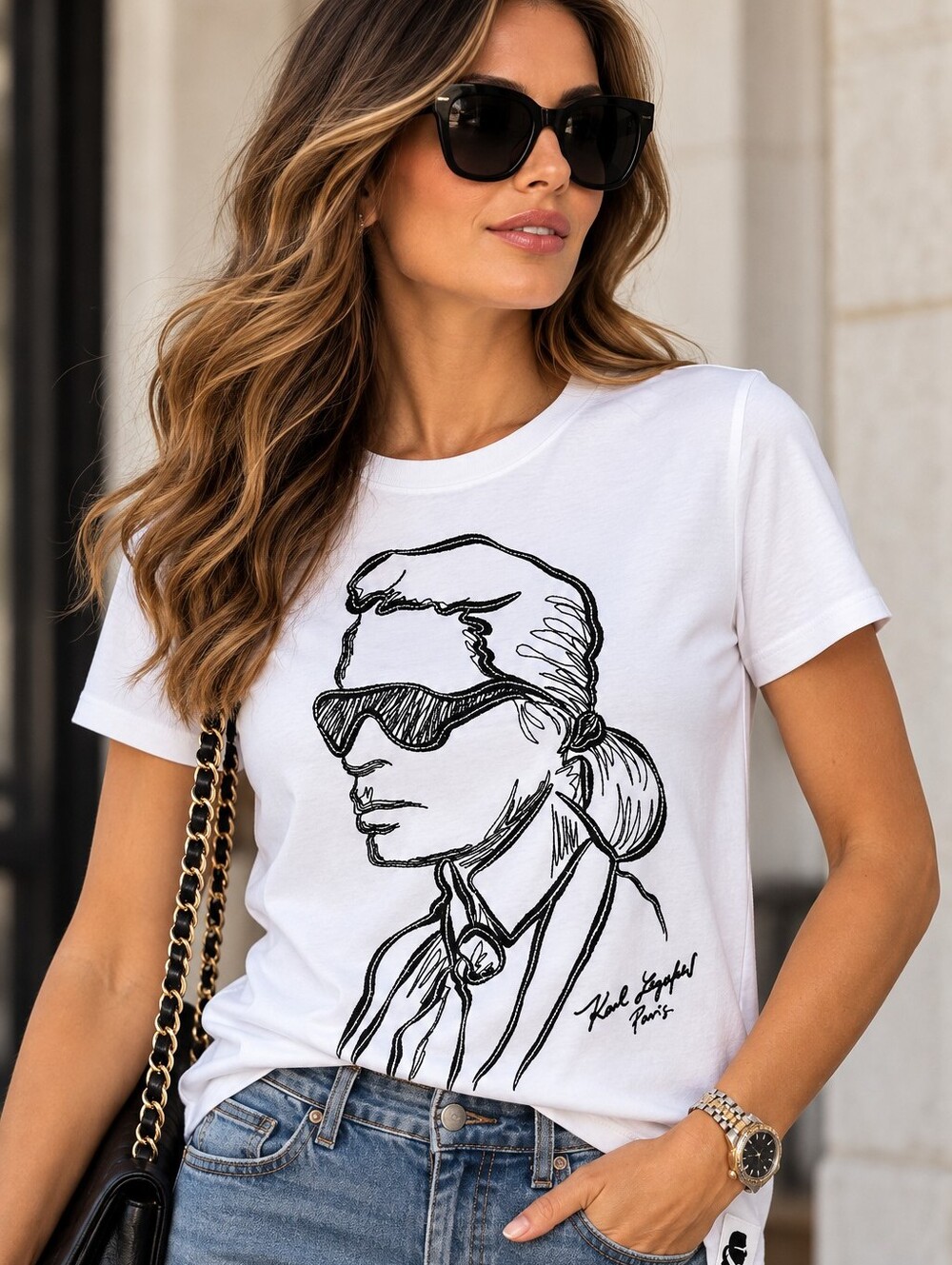 Karl Lagerfeld Paris Embroidered Portrait Tee White M NWT Rare